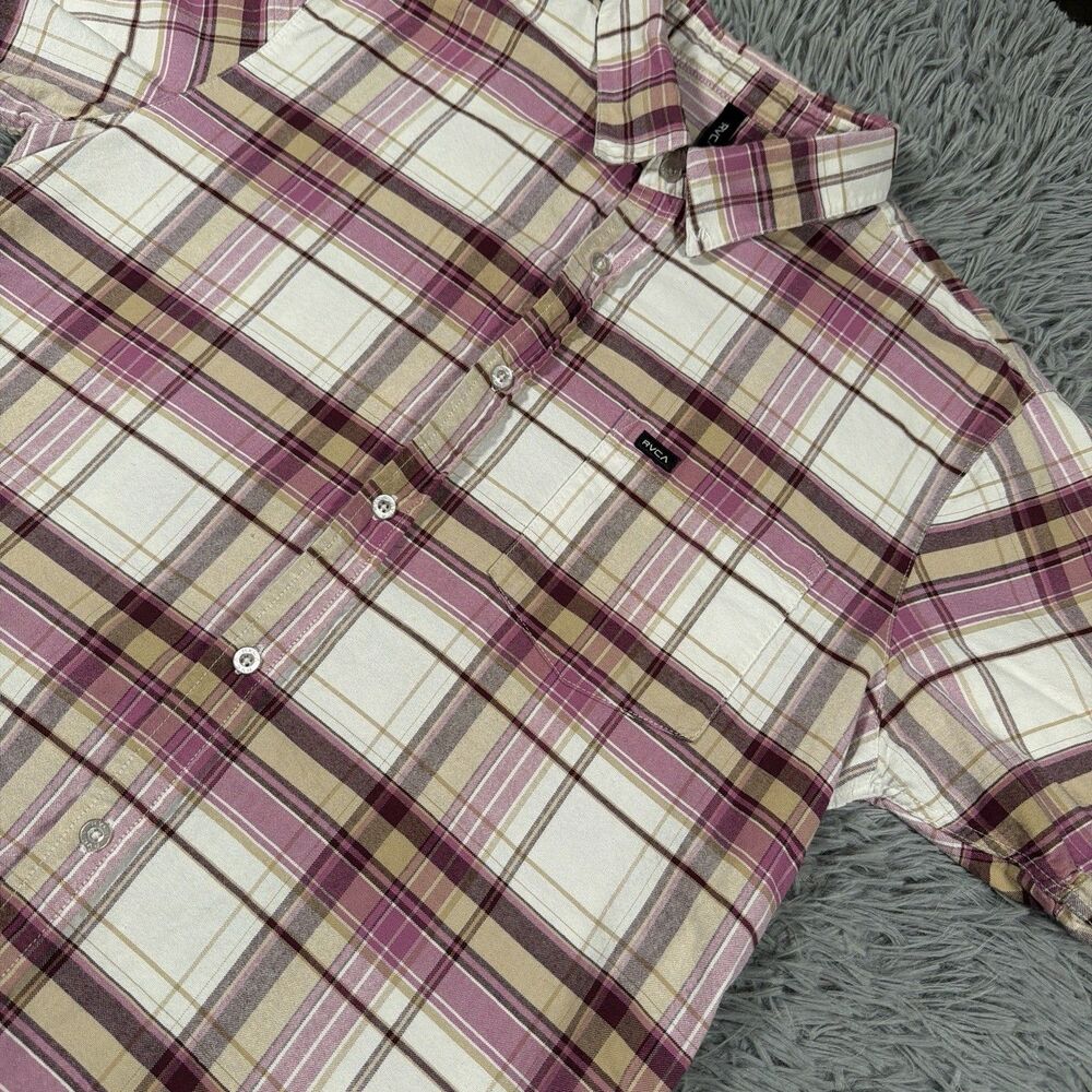 Rvca Shirt Large Button Up Pink Beige Plaid Everyday Resort Short Sleeve Mens